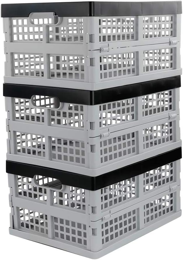Jekiyo 16 L Folding Storage Crates, Plastic Collapsible Basket Bin Set of 3 | Stackable, Grey