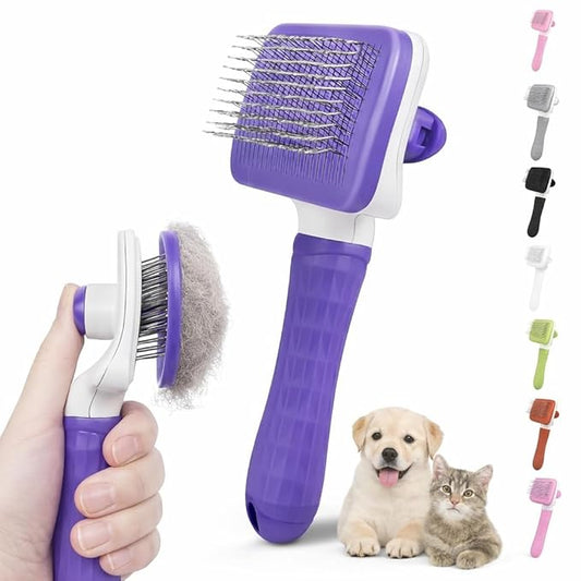 Pet Grooming Brush for Cats & Dogs, Self-Cleaning Undercoat Deshedding & Massage Tool, Purple