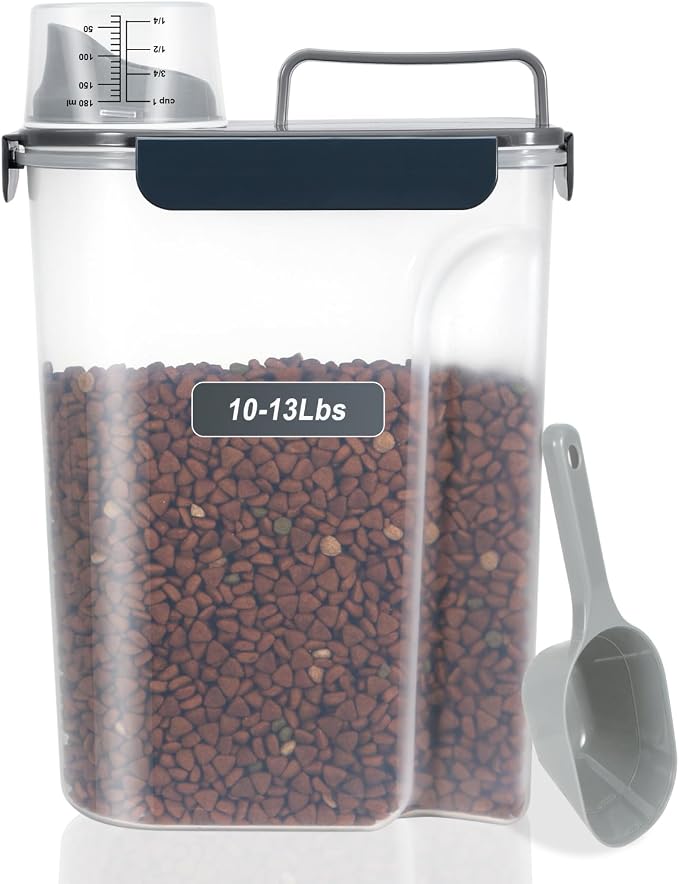 LEAWALK 10-13 Lbs Upgrade Capacity Dog Cat Food Storage Container, Pet Dog Treat Container, Airtight, Clear Bucket Body, With 2-Cup Scoop, Handle, Large Nozzle, 4-Safety Buckles, Easy to Clean, Blue