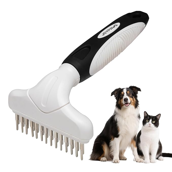 Dog Cat Grooming Tool Rake, Pet Dematting Tool with Stainless Steel Shedding Comb, Double Row Pet Rake Gently Remove Loose or Tangled Hair from Undercoat Black
