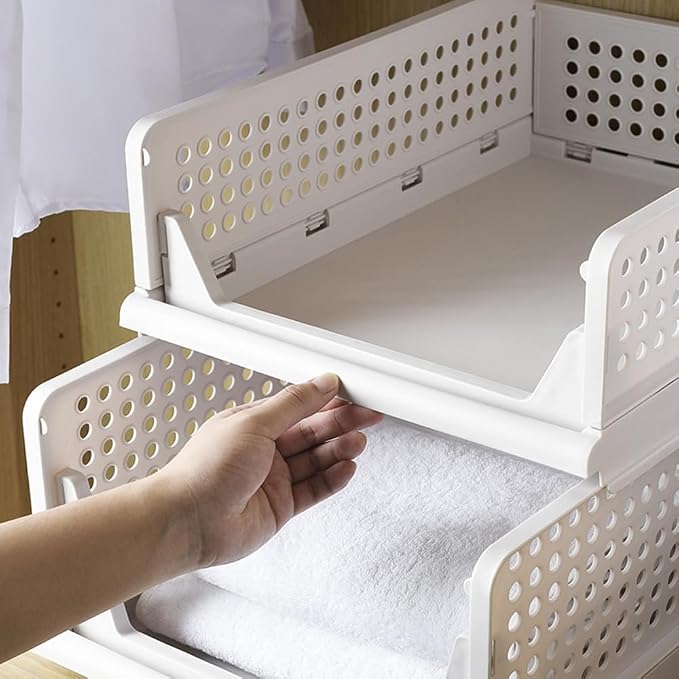 This Versatile Stackable Foldable Closet Clothing Storage with Drawer Shelves for Bedroom Kitchen Living Room Bathroom - White (4-Tier H-14cm + 3-Tier H-14cm)