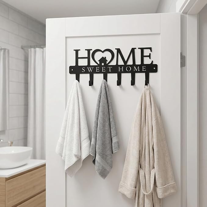 Wide-Spaced Home Sweet Home Key Holder Wall Mount, 6 Hook Rust-Proof Key Rack with House & Heart Decor, 13.5 Inch Entryway Organizer for Front Door, Kitchen, Pratical Family & Housewarming Gift