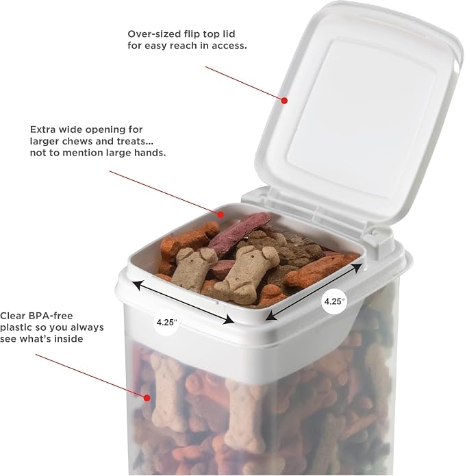 Buddeez Pet Treat Container for Dogs and Cats - 3.5 Quart Flip Top Storage Bin - Bites And Bones Design - Airtight Food Holder