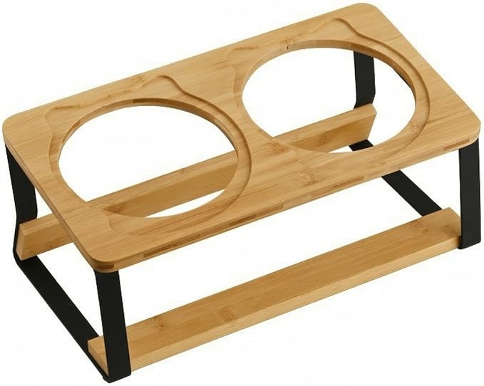 Cat Bowl Stand Elevated Feeder Raised Holder Double Dish Organizer Bamboo Wood and Iron Tilted Frame with Space Saving Design Suitable for Cats and