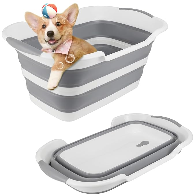 Collapsible Dog Bathtub with Drainage Hole, Portable Pets Bathing Tub, Gray | Foldable Washing Tub, Multi-Functional Pets Bathtub, for Puppy Small Dogs Cats
