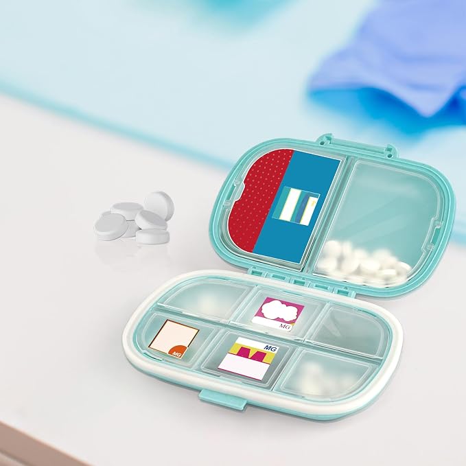 1Pack Travel Pill Organizer & 56 Medicine Name Stickers, Blue | [8 Compartments Portable Pill Case] [Small Pill Box for Pocket Purse Portable Medicine Vitamin Container]