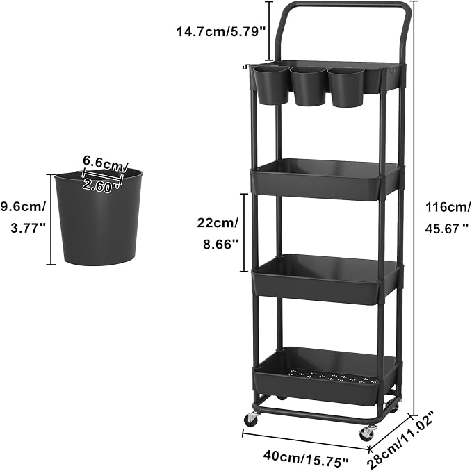Buzowruil 4-Tier Rolling Utility Cart, Storage Cart with Handle Multi-Purpose and Locking Wheels,with Hanging Basket and Hook for Office, Kitchen, Bathroom,Black