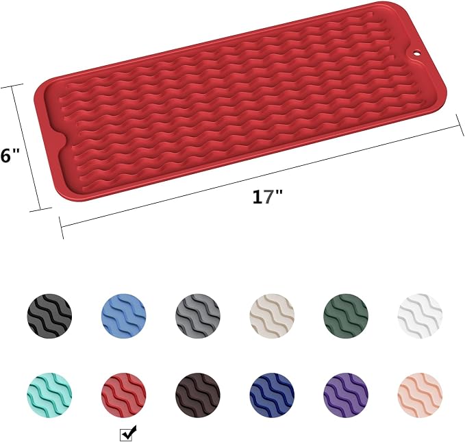 ZLR Small Dish Drying Mat for Kitchen Counter, 6"x17", Lava Red | Narrow Silicone Drainer for Apartment, Dorm & RV, Wavy Ridges Quick-Dry, Non-Slip, Rolls Up, Dishwasher Safe