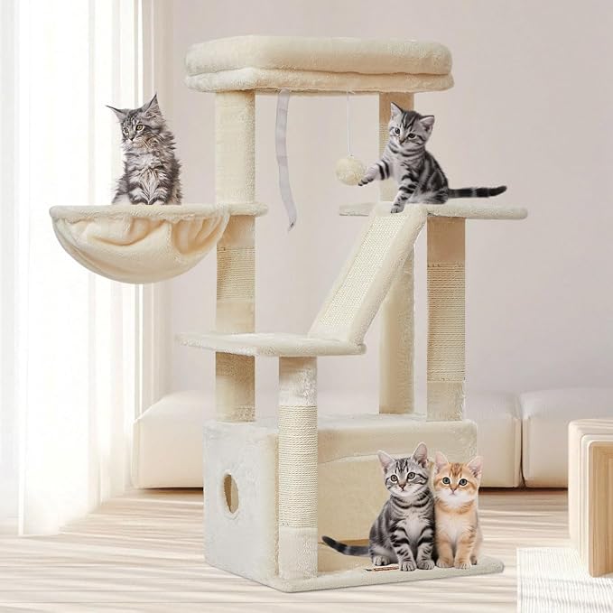 Taoqimiao Cat Tree, 38.5In Cat Tower for Indoor Cats, Suitable for Kittens | Thick Padded Top Perch, Luxurious Cat Condo, Adjustable Basket, 1-Piece Ramp Scratcher, 3 Natural Sisal Posts, Beige, MS029SM