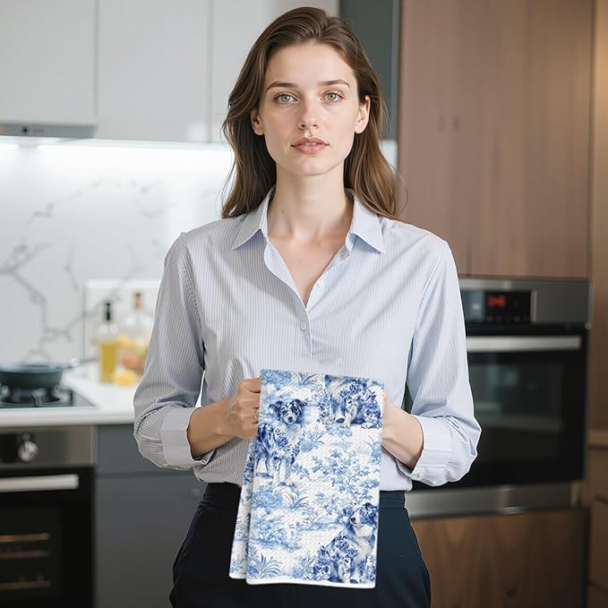 Chinoiserie Australian Shepherd Kitchen Towels 24x14 Inch, Australian Shepherd Gifts Reusable Dish Towels for Kitchen Decor, Blue and White Floral Hand Towel, Botanical Dog Gifts for Women Mom