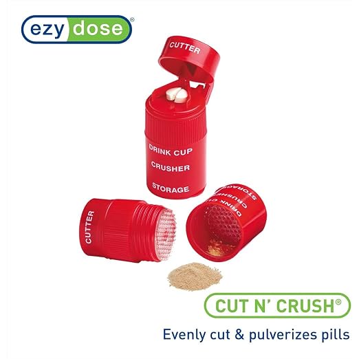 EZY DOSE 3 Compartment Pill Crusher, Cutter and Grinder, Daily Usage, Safely Cut Pills, Vitamins, Tablets, Accurate and Easy Cutting, Stainless Steel Blade, Removable Drinking Cup, Red, BPA Free