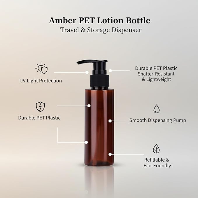 Amber PET Lotion Pump Bottle, Refillable Dispenser for Travel & Bathroom Storage, Black Finish