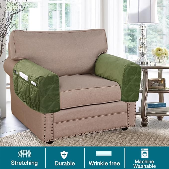 Velvet Quilted Armrest Covers - Water-Resistant Sofa Arm Protectors Set of 2 with Side Pocket Organizer, Non-Slip Furniture Covers for Chairs & Couches (Loden)