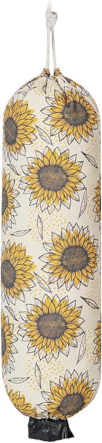 Plastic Bag Holder, Reusable Grocery Bag Holder for Plastic Bags Groceries Store, Flower Canvas Trash Plastic Bag Organizer Storage Holders for Home Kitchen Pantry Decor (Yellow Sunflower)