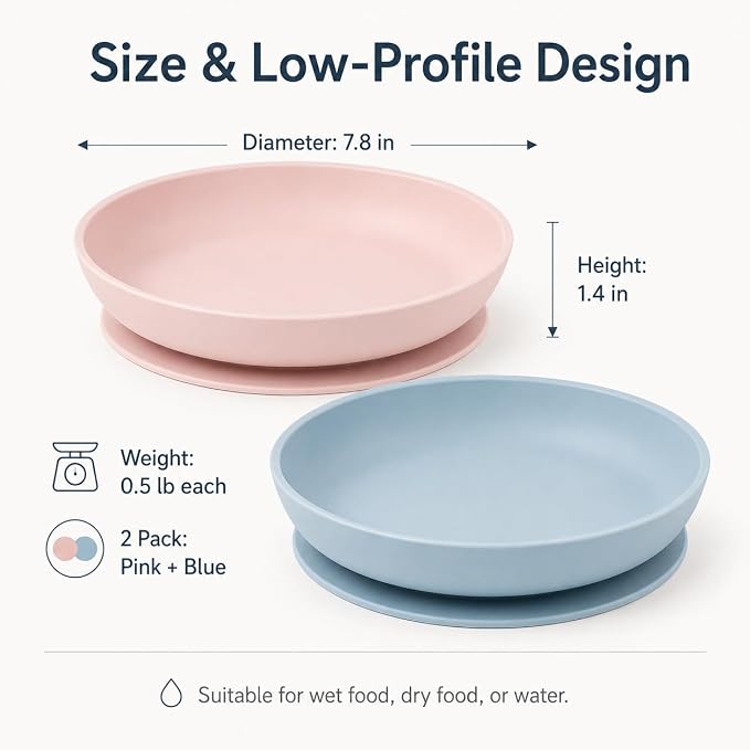 Meow&Woof 2 Pack Silicone Cat Food Bowls with Suction Base, Whisker-Friendly Shallow Cat Bowls for Wet Food, Non-Slip Pet Feeding Dishes for Cats, Small Dogs, Puppies and Kittens, 7.8", Pink & Blue