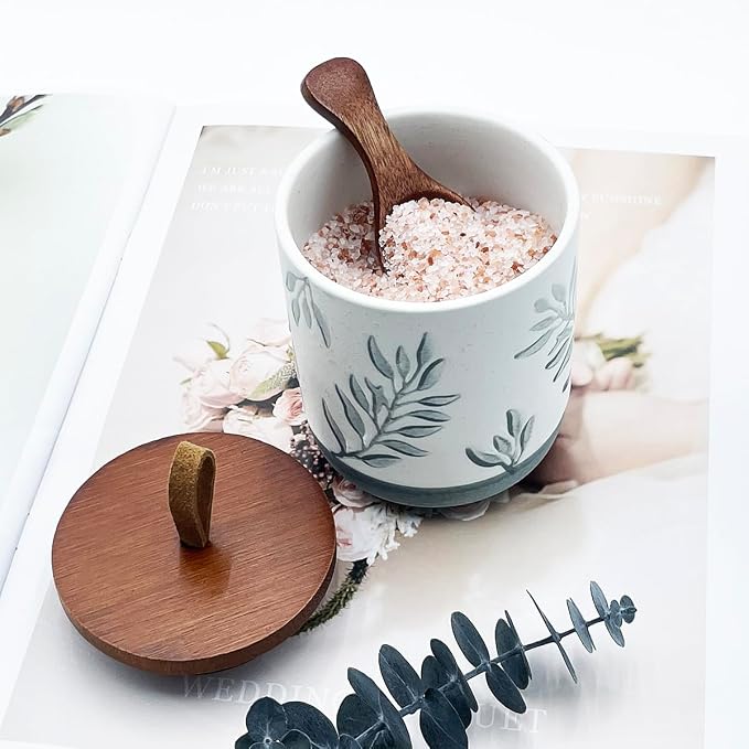 10oz Ceramic Airtight Food Storage Container with Wooden Spoon for Sugar,Matcha,Salt,Coffee,Spices,Cat Treat,Loose Leaf Tea(Gray-Green Olive Leaves)