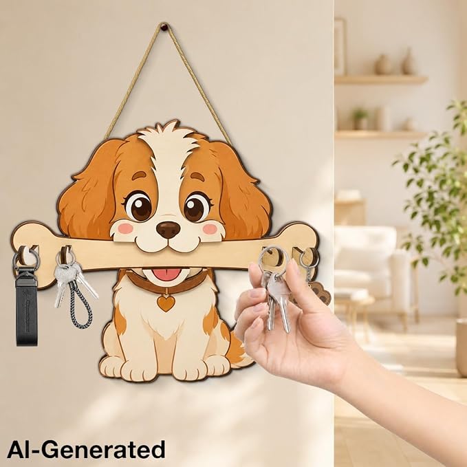 Dog Leash Holder for Wall, Cute Dog Leash and Key Organizer, Cute Puppy Wooden Key Holder Wall Mount with 4 Keys Hooks for Collars, Entryway Garage Living Room Kitchen Mudroom