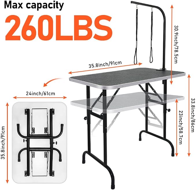 LEIBOU 36-inch Height Adjustable(23''~33.8'') and Foldable Pet Dog Grooming Table with Grooming Arm & 2 Noose for Dog Cat Pet Grooming Maximum Capacity Up to 260lbs