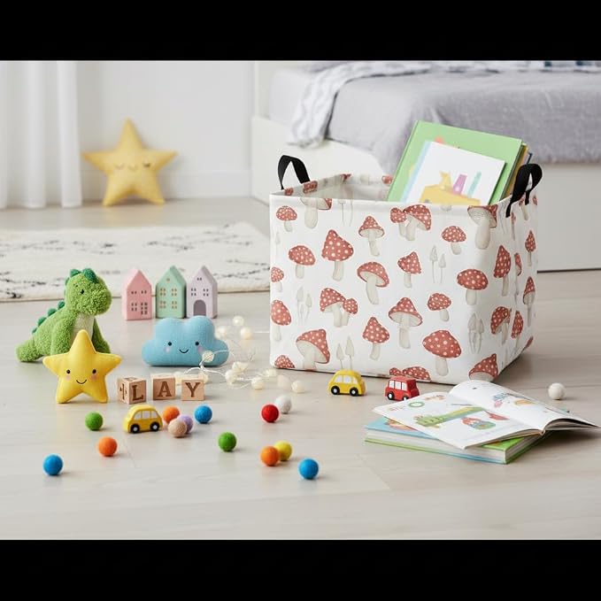 Rectangular Kids Basket Baby Girl Basket Fabric Storage Bin Organizer Box Room Decor(Mushroom)