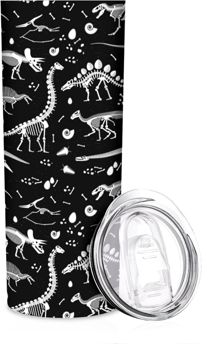 20 oz Insulated Stainless Steel Tumbler Mug, Black and White Dinosaur Skeleton Cup with Lid, Hot and Cold Insulation Presents for Men Women Teens