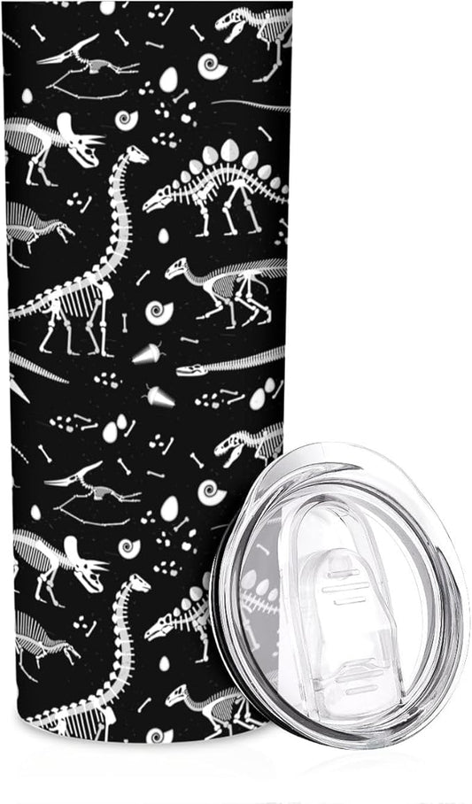 20 oz Insulated Stainless Steel Tumbler Mug, Black and White Dinosaur Skeleton Cup with Lid, Hot and Cold Insulation Presents for Men Women Teens
