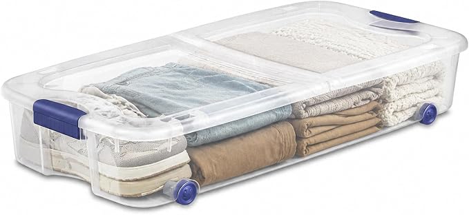 66 Qt Under Bed Storage Container, Wheeled Clear Latching Lid, 39.5x20 in | High capacity plastic, smooth gliding rollers, space saving clothing linens organizer, dorm wardrobe accessory