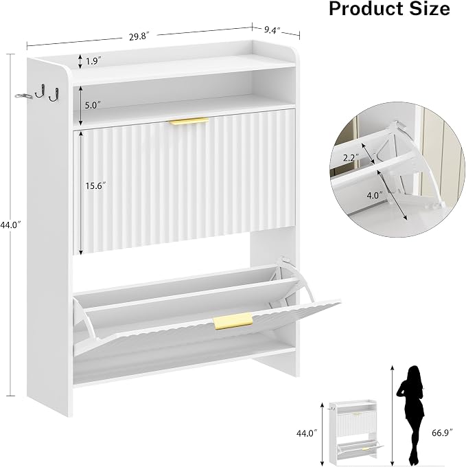 Fluted Shoe Storage Cabinet for Entryway with Adjustable Shelves | 9.45"Deep,Freestanding Shoes organizer,Adjustable & Removable Shelves,2 Hooks,Anti-tip Device,White