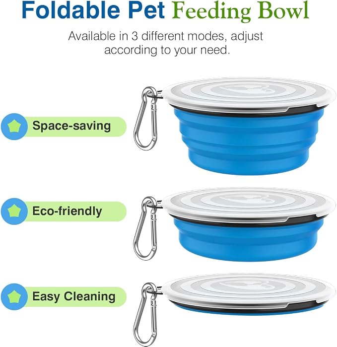 Pawaboo Collapsible Travel Dog Bowls 2 Pack with Lids&Carabiners Silicone | Feeding Watering Bowls for Dogs Cats, Collapsable Water Feeder Food Bowl for Walking Traveling Home Use, Blue + Green