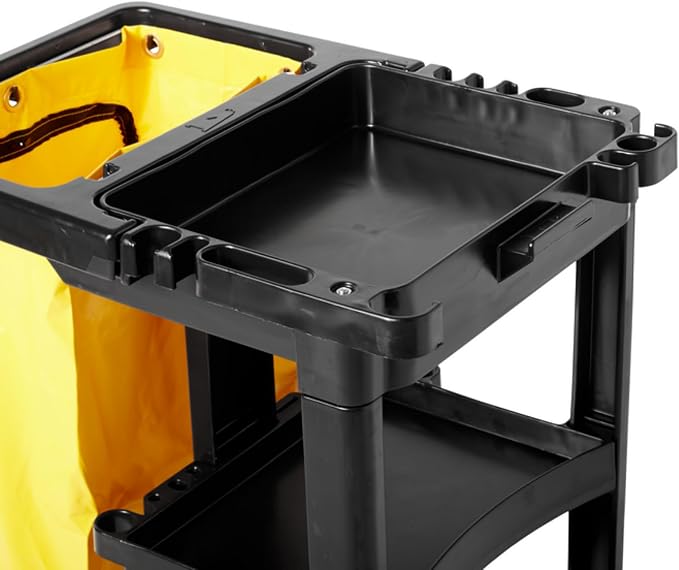 Rubbermaid Commercial Traditional Janitorial 3-Shelf Cleaning Cart, Wheeled with Zippered Yellow Vinyl Bag, for Business/School/Office/Janatorial Cleaning