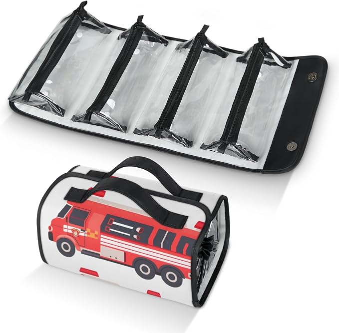 Fire Trucks Makeup Bag for Women Hanging Roll-Up Travel Organizer Toiletry Kit with 4 Removable Compartments, Car
