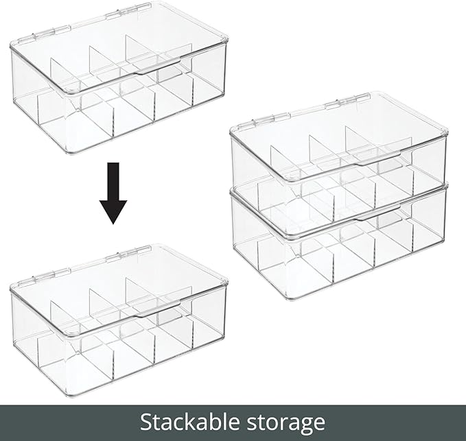 mDesign Plastic Divided First Aid Storage Box Kit with Hinge Lid for Bathroom, Kitchen, Cabinet, Closet - Organize Medicine, Ointments, Adhesive Bandages, Dental - 8 Sections, 2 Pack - Clear