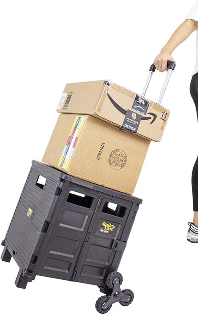 dbest Products Quik Cart Elite Stair Climber Rolling Crate - Black | Collapsible, with Wheels, 120 lbs Capacity, Heavy Duty, Telescoping Handle, Folding Utility Cart with Seat