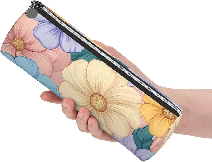 OSAM SPACE Leather Pencil Case Round Pencil Bag Flowers Boho Colorful Pen Organizer Holder Portable Zipper Pouch Cute School Supplies for Girls Boys Study Office