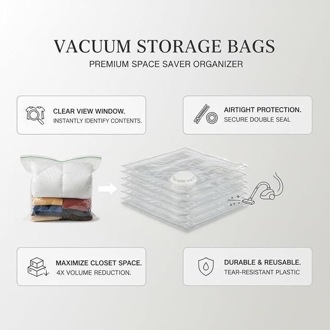 Clear Vacuum Storage Bags with Valve, Reusable Compression Saver for Bedding & Clothes, Space Saving Organizer (1 Pack)