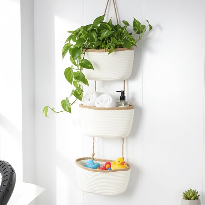 TeoKJ Over the Door Hanging Basket, 3-Tier Woven Cotton Wall-Mounted Storage Organizer Bag Decorative Hanging Nursery Baskets, White & Dark Brown