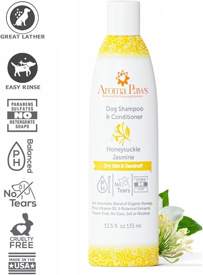 Dog Shampoo and Conditioner - Aromatic Tearless Shampoo for Cleansing, Grooming, and Conditioning - Moisturizing Shampoo for Dogs and Puppies - Honeysuckle Jasmine 13.5 oz