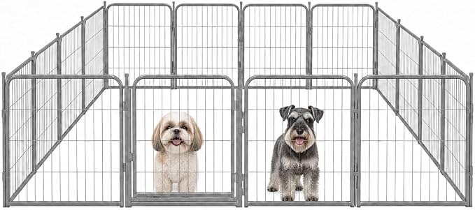Indoor Dog Playpen - 24 inch, 16 Panels for Small and Puppy Size Dogs - Play Pen w/Extra Wide Gate - Heavy Duty Metal Portable Pet Fence with Grey Anti-Rust Coating