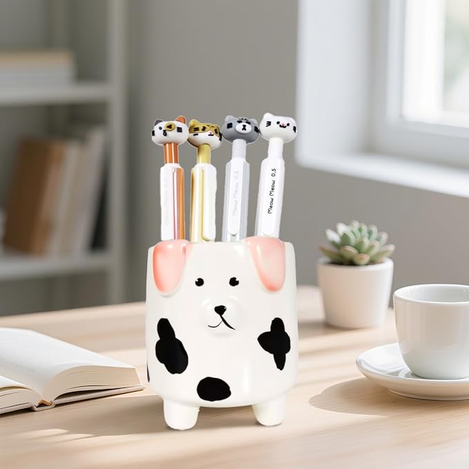 Ceramic Dog Shaped Pen Pencil Holder for Desk Decoration Accessories Dog Decor Makeup Brush Pen Cups Succulent Plant Pot Office School Ideal Gifts for Women, Mom or Birthdays