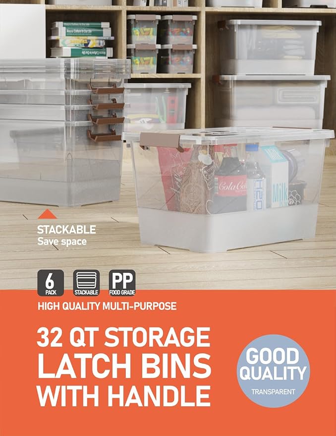 WYT 32 Qt Plastic Clear Storage Bin with Durable Lids and Latching Buckle, 6-Pack Tote Organizing Box Stackable and Nestable