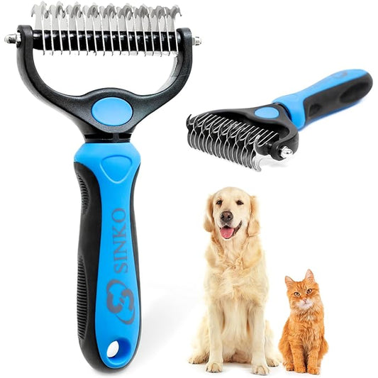 Sinko Shedding Brush For Dog and Cat, Grooming Brush with Extra Wide Double-Sided Stainless Teeth for Detangling, Deshedding, Brushing & Removing Shed Fur, Knots, Mats, and Tangles in Pets (Blue)