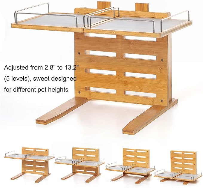 FOREYY Adjustable Raised Dog Bowls,Bamboo Elevated Feeder Stand with Non-Skid Feet for Food and Water,5 Level Wooden Pet Dining Table Comfort Feeding Station for Medium Large Big Dogs