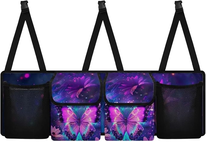 Dreaweet Purple Butterfly Trunk Organizer for Car Women,Large Capacity Car Backseat Hanging Organizer for SUV,Van,Car,Cargo Storage Collapsible with 4 Pockets Adjustable Straps