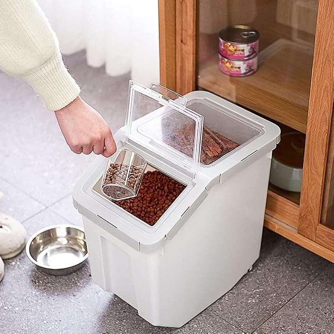 RUIAN Dog Food Storage Container Airtight Dry Cat Food BinGrey & Pink, 2Pcs | with Measuring Cup and Handle, Holds About 10-20 lb Depending on Kibble Size, BPA Free Pet Food Storage Container