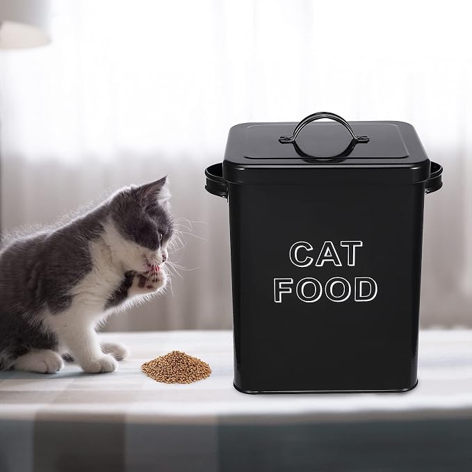 Morezi Metal Cat Food Container with Scoop 5-7 lb, Airtight Pet Food Bin | 25 Cups Cat Kibble Canister with Food Scoop, Sturdy Iron Body, Powder Coated, Airtight Bamboo Lid, Two Side Handle-Black