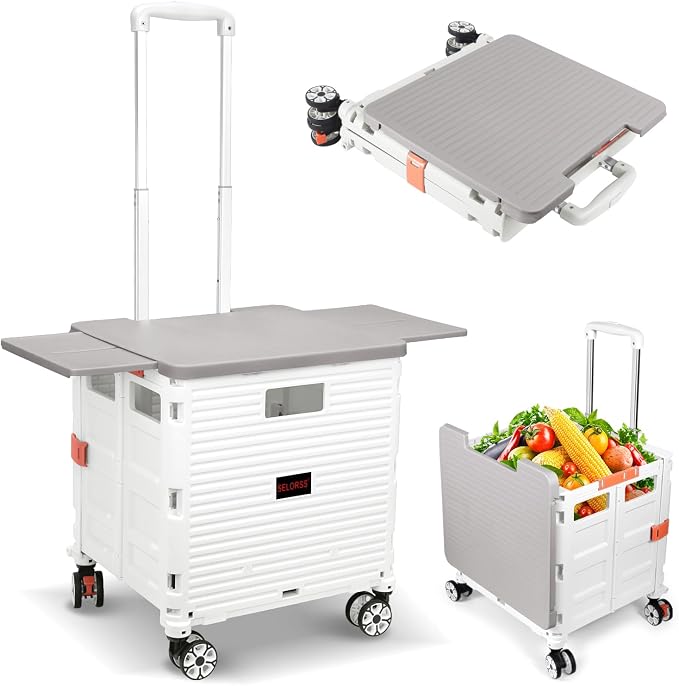 Foldable Utility Cart Collapsible Portable Crate Rolling Carts with Wheels Tote Basket with Magnetic Lid Telescopic Cover Wear-Resistant 360°Rotate Wheel Noiseless for Shopping Storage Office Use