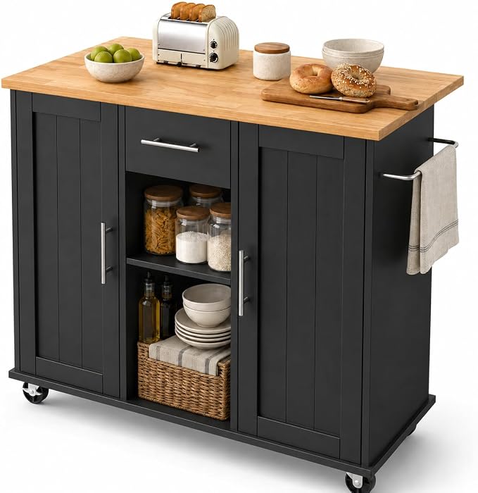 JY QAQA 42" Kitchen Island with Storage on Wheels, Rolling Table with Drop Leaf, Drawers, Cart Handle for Towel Rack or Free Movement, Black