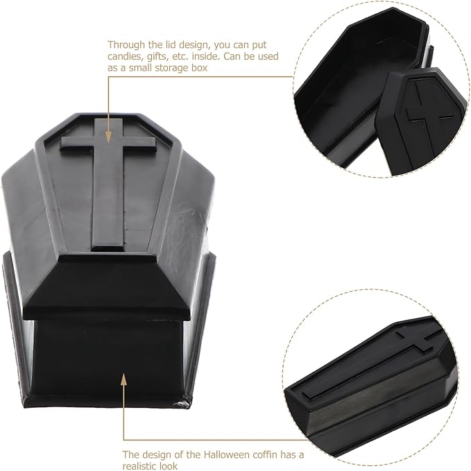 Healifty Mini Coffin Box Pet Casket Box with Lid for Halloween Decor | Black Small Plastic Casket Model for Trinkets, Candy, Dollhouse Scenes, Spooky Tables, Haunted Houses and Party Favors