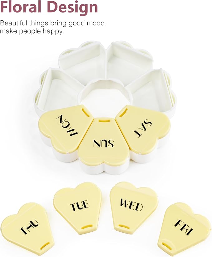 MOLN HYMY Large Weekly Pill Box 7 Day, Pill Case Organizer, Flower Pill Container Once Daily, Round Medicine Dispenser for Vitamin/Fish Oil/Medication/Supplement (Yellow)