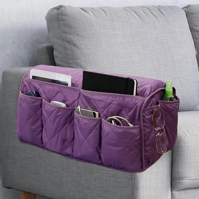 Sofa Armrest Organizer,Couch Remote Control Holder with 14 Pockets Waterproof Non Slip Recliner Organizer for TV Remotes Caddy, Book, Magazines, Ipad (Purple)
