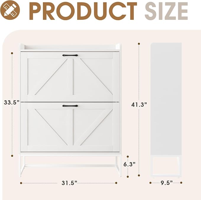 GRUSIGN Shoe Cabinet, Shoe Storage Cabinet with 2 Flip Drawers & Adjustable Shelf, Space-Saving Shoe Organizer – Holds 16+ Pairs, Narrow Shoe Cabinet Storage for Entryway/Hallway（White）